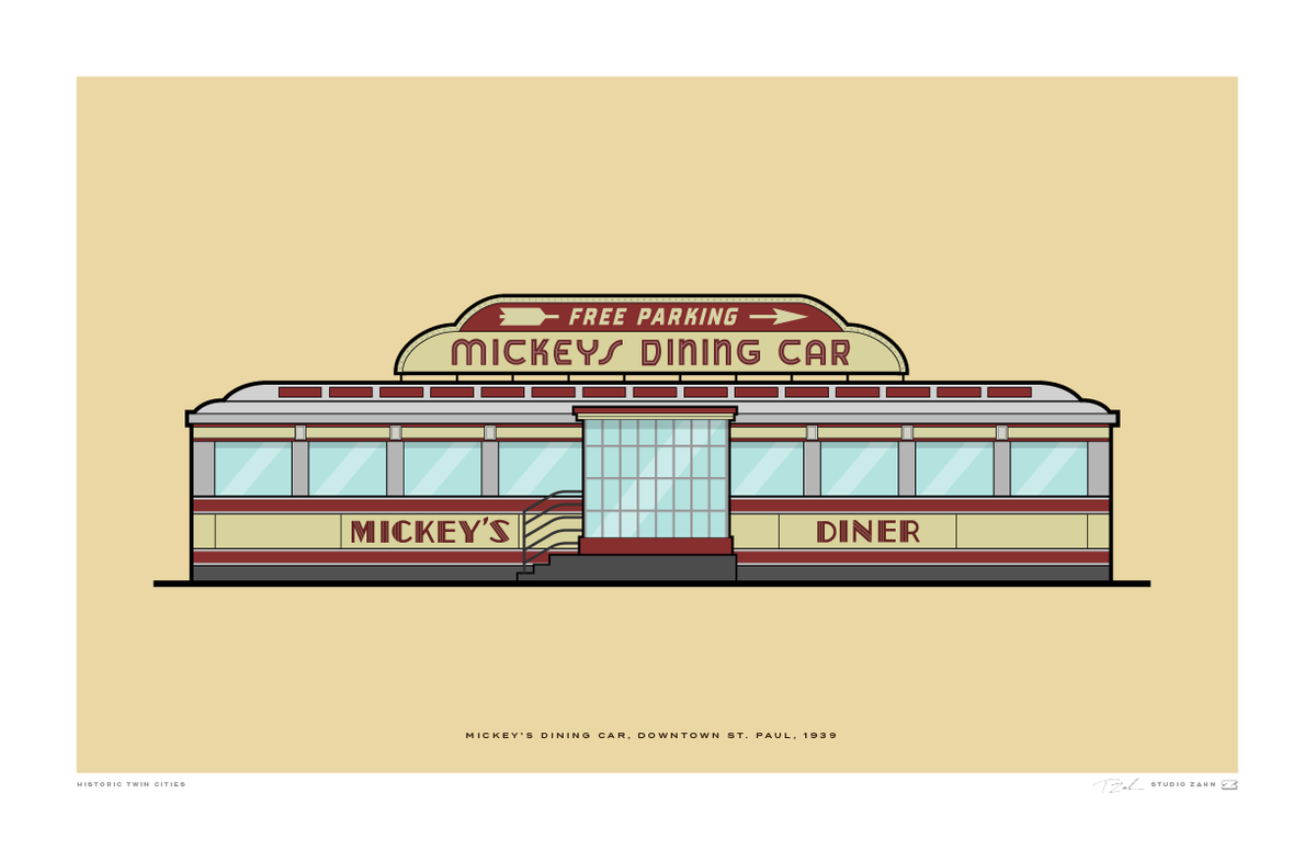 Mickeys Dining Car At Night Black & White Wall Art. St Paul Black And White Pictures | St Paul popular Office Art