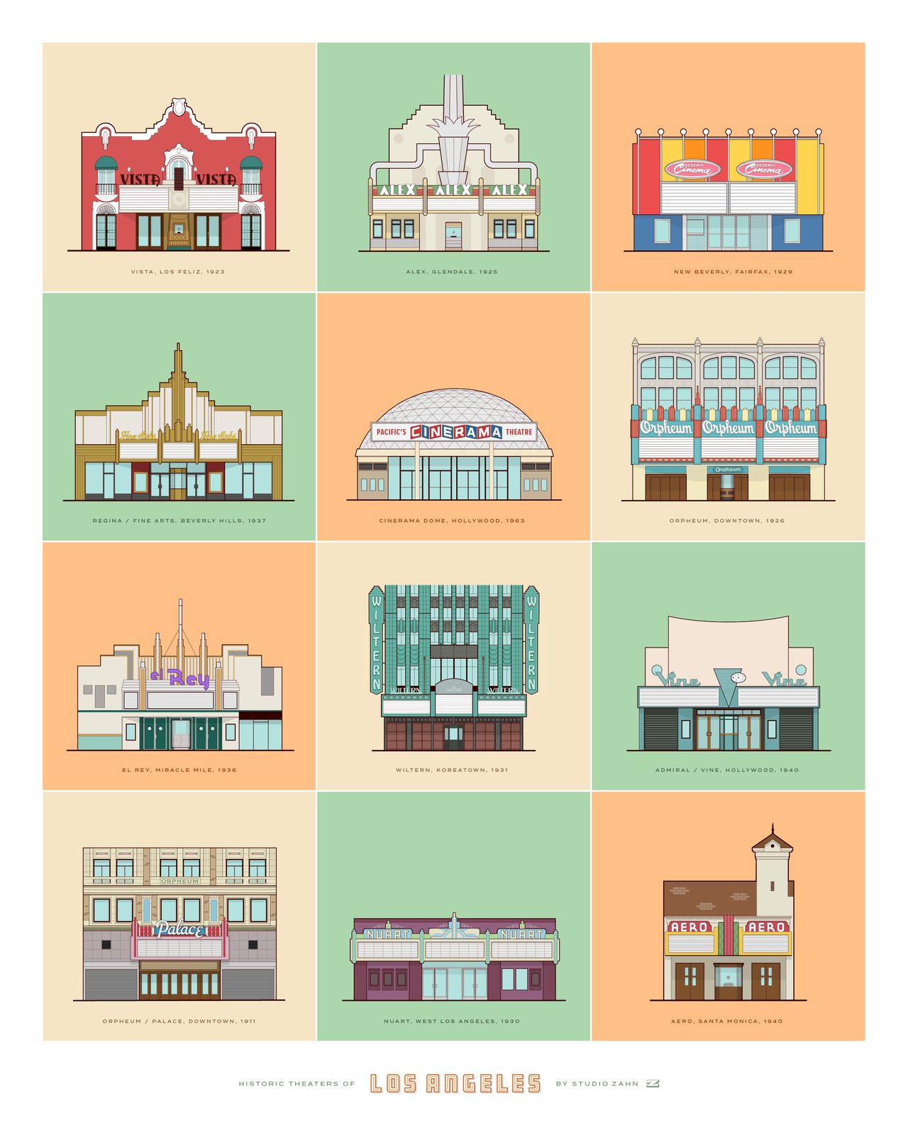 Historic Theaters of Los Angeles Poster / 16" x 20"