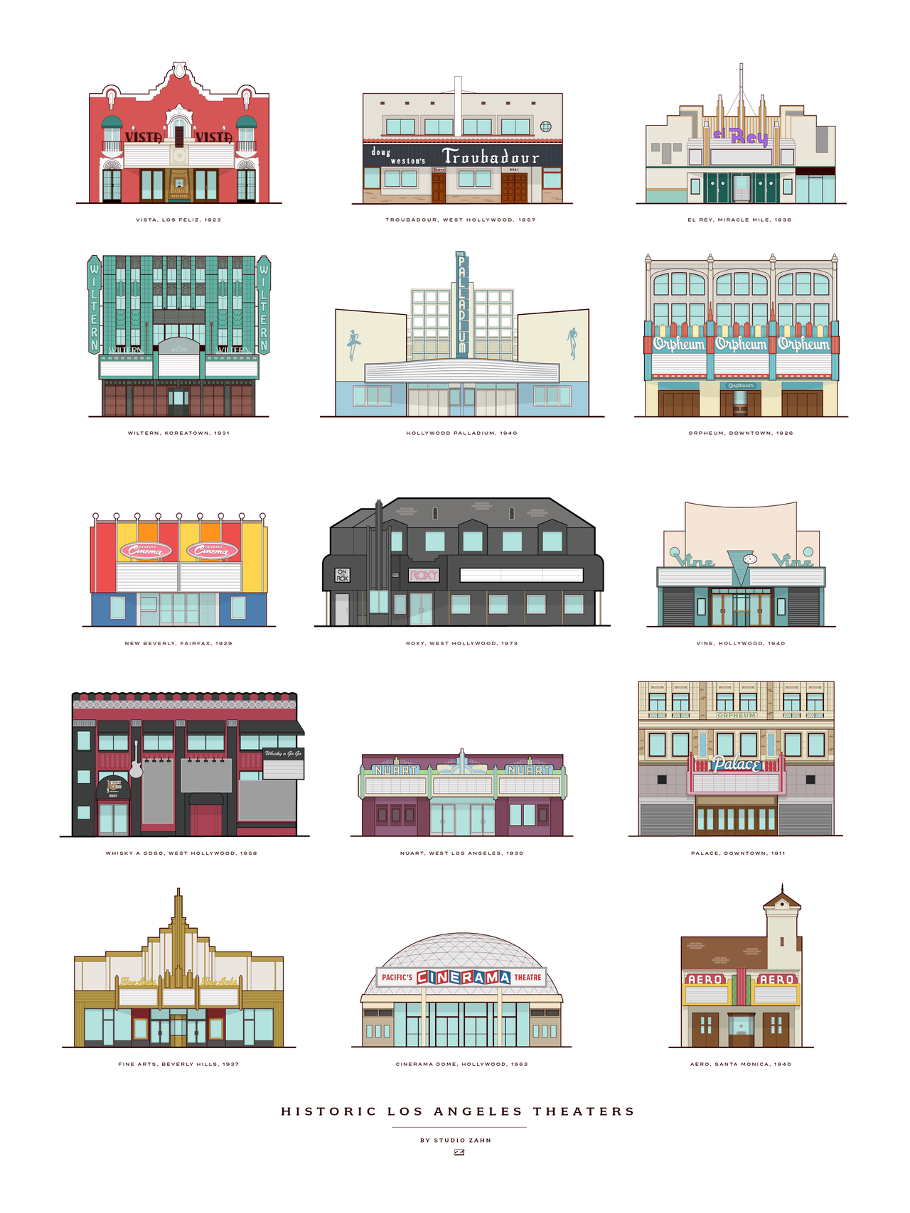 Historic Theaters of Los Angeles Poster / 18" x 24"