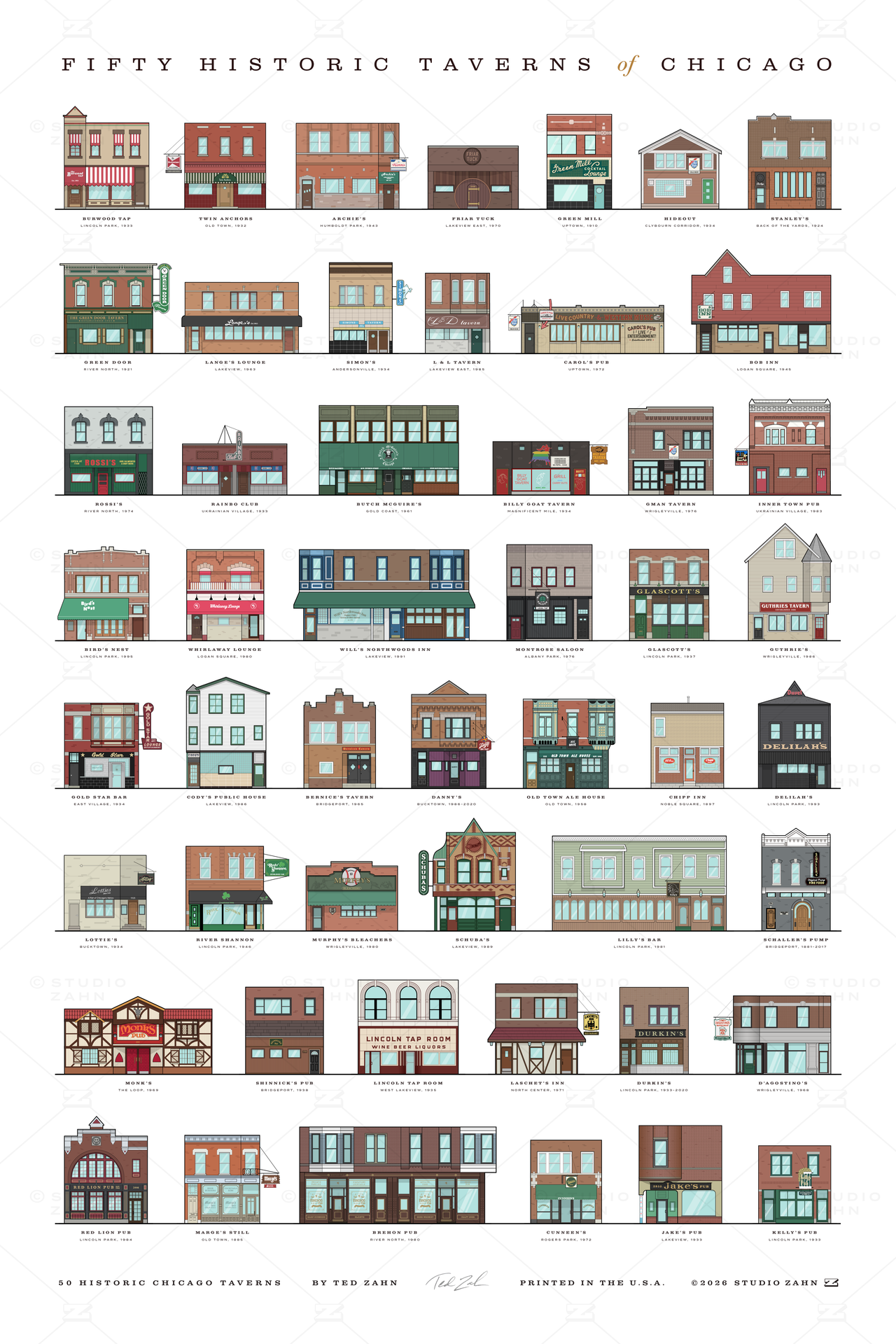 Fifty Historic Taverns of Chicago / 24" x 36" Poster