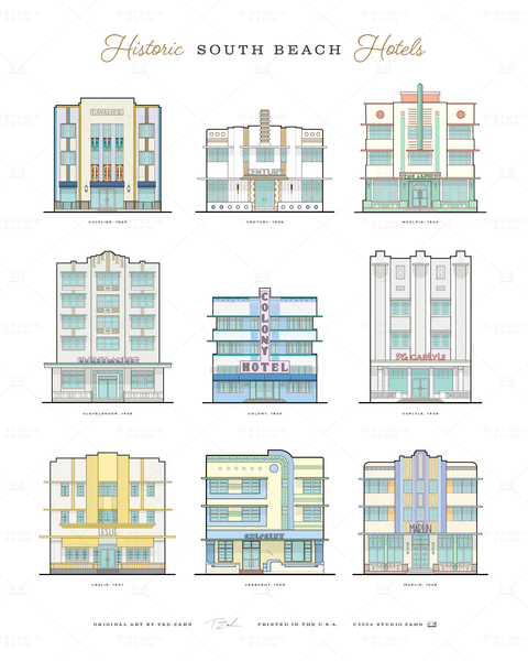 Art Deco Miami Beach Hotels - Set of 3 on sale - South Beach Architecture Art Prints