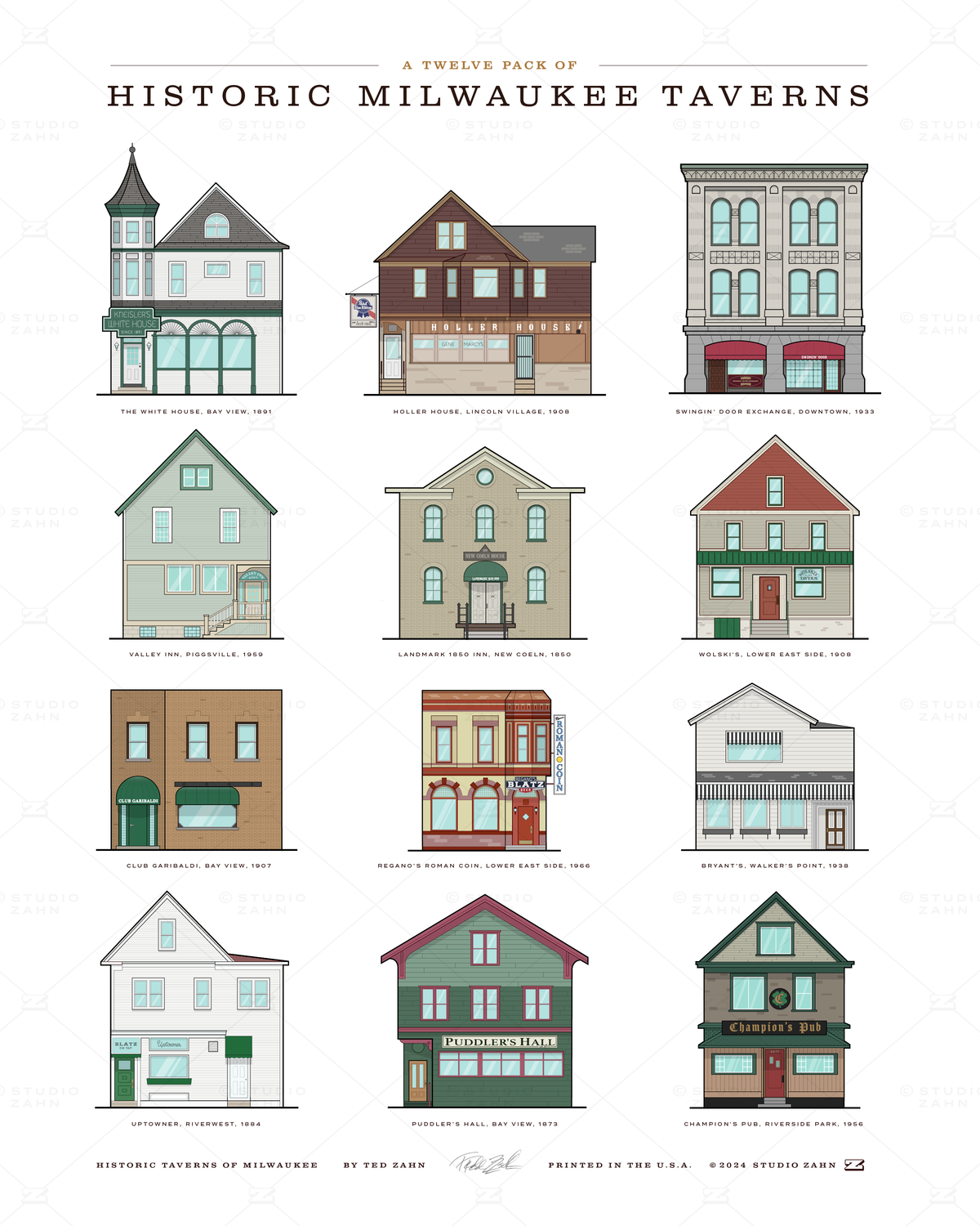 A 12-Pack of Historic Milwaukee Taverns / 16" x 20" Poster