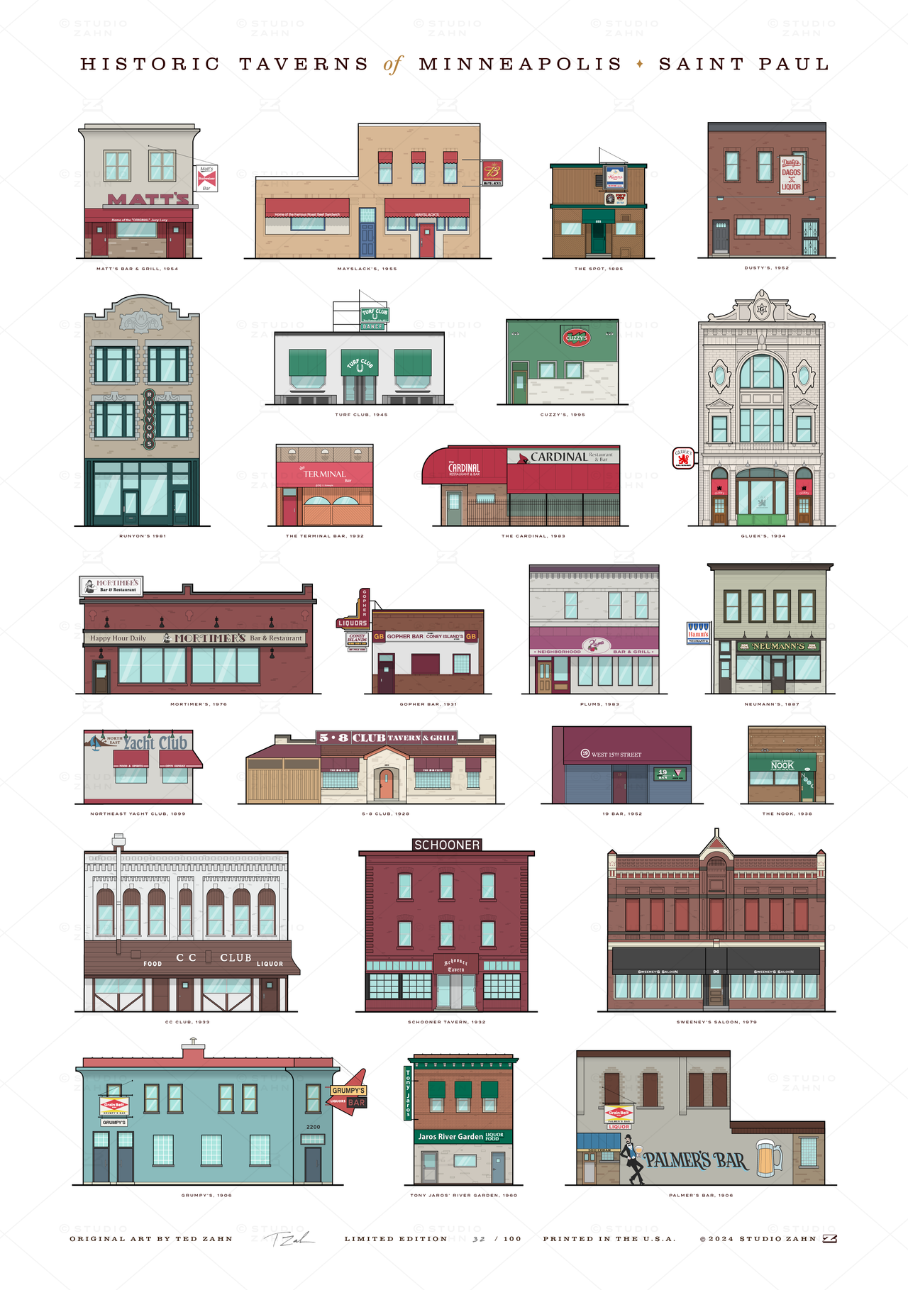 Historic Taverns of Minneapolis Saint Paul / 19" x 27" Poster