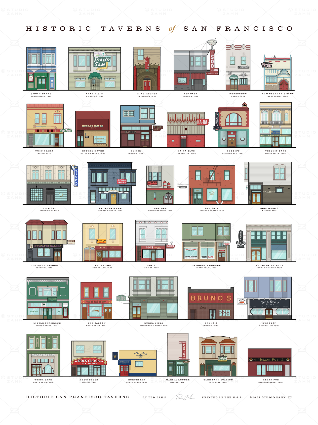 Historic Taverns of San Francisco / 18" x 24" Poster